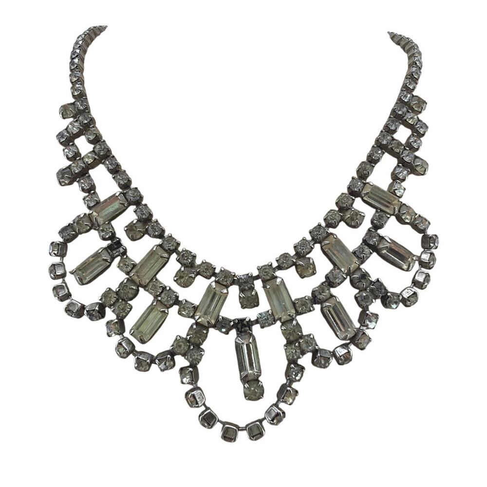Vintage Mid Century Silver Tone Rhinestone Geometric Bib Necklace